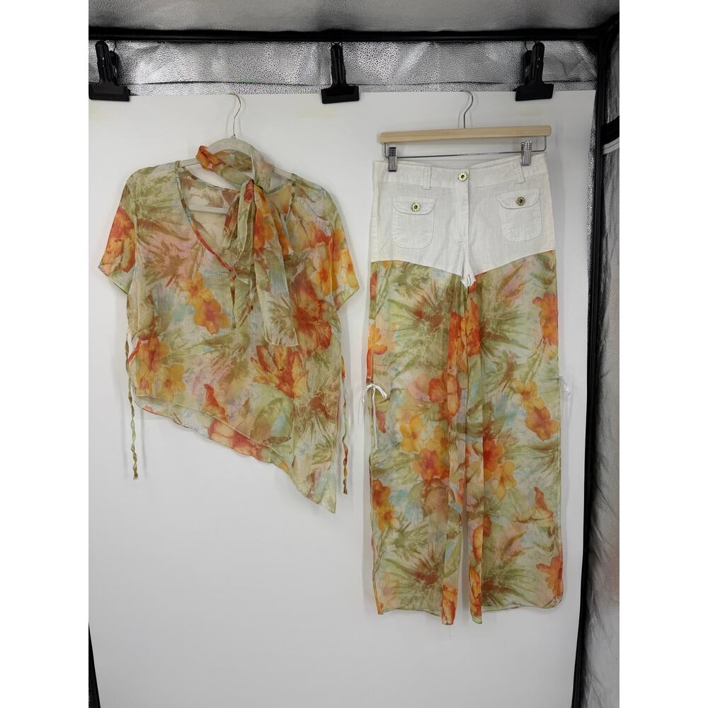 Womens Boho Sheer Floral 2pc Set Palazzo Pants Overlay Shorts Resort Y2K Size L - Picture 4 of 16